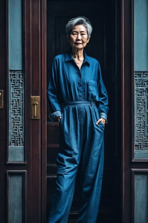 ((masterpiece, best quality)), absurdres, (Photorealistic 1.2), sharp focus, highly detailed, top quality, Ultra-High Resolution, HDR, 8K, epiC35mm, film grain, moody photography, (color saturation:-0.4), lifestyle photography,

(((full body picture))), old beautiful  Chinese woman, 62 years old, short straight grey hair, (skinny body), blue overalls, black blouse, standing at the entrance of a house,(Naomi Wu:0.4)