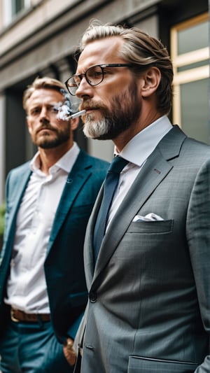 Masterpiece, bestquality,4K,highres, ultra-detailed, 

wide angle picture of 2 handsome middle-aged swedish men smoking outside an office building, professional outfits, formal suits, distinct hair color, distinct haircut, distinct outfits,