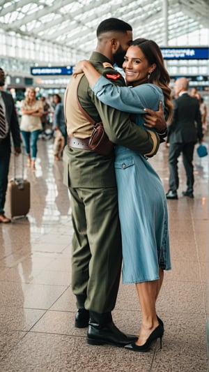 Masterpiece, bestquality,4K,highres, ultra-detailed, 

wide angle picture of a family reunion, a beautiful woman welcomes her handsome soldier son, they hug in an airport,