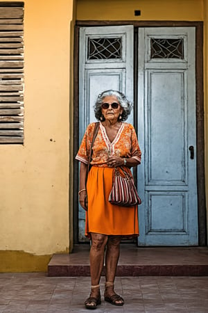 ((masterpiece, best quality)), absurdres, (Photorealistic 1.2), sharp focus, highly detailed, top quality, Ultra-High Resolution, HDR, 8K, epiC35mm, film grain, moody photography, (color saturation:-0.4), lifestyle photography,

(((full body picture))), old ugly  venezuelan woman, 72 years old, long curly grey hair, (average body), beige skirt, orange blouse, standing at the entrance of a house,(Apolonia Lapiedra:0.4)