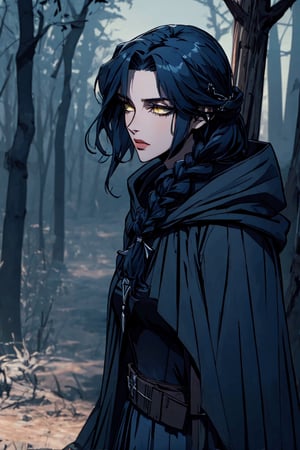 //quality, (masterpiece:1.331), (detailed), ((,best quality,)),//,(1girl),solo,knight,//,(dark blue_hair:1.3),hairstyle,wavy hair,  long hair, ((,single braid,)),detailed eyes, yellow eyes,//,(detailed black armor:1.1), dress,(black cloak), belt,black pantyhose,gloves,//,:),looking down,//,(leaning forward:1.2),//,forest,trees,,wind effect,(close_up:1.4),straight-on,upper_body, hood on, side angle view
