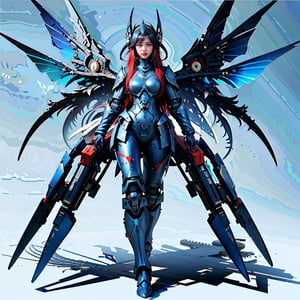 8k,ultra detailed, best quality, masterpiece, 20yo 1sexy girl, ((Full body armor,complex multi-layered mecha armor, scale armor, many complex armor elements, ultra light tight armor, no helmet, insane detail full leg armor)) ((( long wings ,1blue other is red)))

golden hair, long hair, (Beautiful and detailed blue eyes),
Detailed face, detailed eyes, double eyelids, real hands, ((long hair with long locks:1.2)), black hair, yellow background,


real person, color splash style photo,
,dragon ear,cool