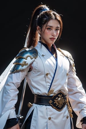 a beautiful chinese womanwith long leg,,（Whole-body proportions）,style of anime,One guy（male warrior）,（Fan in hand）proportions are correct,Face details,swordsman,High ponytail hairstyle,Neck details,Black fluff on shoulders,White suit,Black and white robes,clothes details,hand over,longer sleeves,Game quality,sword fighting,Light and shadow tracking,ray traycing,Detailed glow,cg render,hair detail,blue long hair,blue colored eyes,Handsome,Handsome,（juvenile sense）,Clothing is complicated,Perfectcomposition,Refinement,high high quality,higher detailed,A lot of detail,The background is complex,a sense of atmosphere,high high quality,dragonknight,BJ_Gundam
