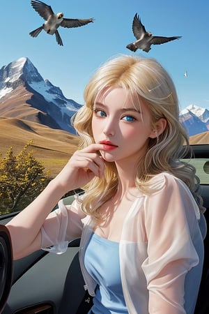 1 beauty girl,gold hair, blue eyes, open car, hold a wapons, see mountain, shoot the birds,