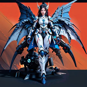 8k,ultra detailed, best quality, masterpiece, 20yo 1sexy girl, ((Full body armor,complex multi-layered mecha armor, scale armor, many complex armor elements, ultra light tight armor, no helmet, insane detail full leg armor)) ((( long wings ,1blue other is red)))

golden hair, long hair, (Beautiful and detailed blue eyes),
Detailed face, detailed eyes, double eyelids, real hands, ((long hair with long locks:1.2)), black hair, yellow background,


real person, color splash style photo,
,dragon ear,cool