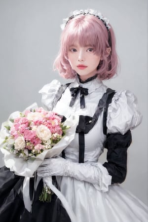 1girl, solo, looking at viewer, bangs, blue eyes, simple background, dress, holding, closed mouth, pink hair, flower, puffy sleeves, medium hair, grey background, apron, black dress, maid, maid headdress, headgear, expressionless, white flower, white apron, maid apron, bouquet, android, mechanical arms, holding bouquet, lily \(flower\)