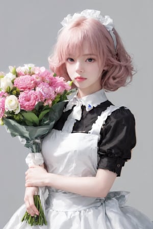 1girl, solo, looking at viewer, bangs, blue eyes, simple background, dress, holding, closed mouth, pink hair, flower, puffy sleeves, medium hair, grey background, apron, black dress, maid, maid headdress, headgear, expressionless, white flower, white apron, maid apron, bouquet, android, mechanical arms, holding bouquet, lily \(flower\)