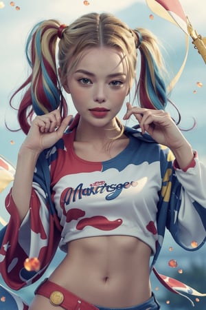 ((masterpiece, best quality)), harley quinn,margot robbie,mini skirt,sexy,curvy body,detailed face,perfect eyes,detailed hands,hands up,light background,mix of fantasy and realistic elements,vibrant manga,uhd picture , crystal translucency, vibrant artwork