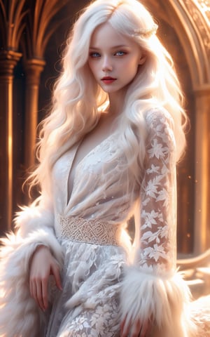 (best quality, 4k, 8k, highres, masterpiece:1.2), A creepy yet intriguing digital illustration portrait of a albino pale young girl, pure white hair,
psychedelic long hair, She wears a sexy seductive white lace outfit with white fur accents, embodying the essence of allure and sensuality, ,valent_1314