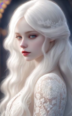 (best quality, 4k, 8k, highres, masterpiece:1.2), A creepy yet intriguing digital illustration portrait of a albino pale young girl, pure white hair,
psychedelic long hair, She wears a sexy seductive white lace outfit with white fur accents, embodying the essence of allure and sensuality, ,valent_1314