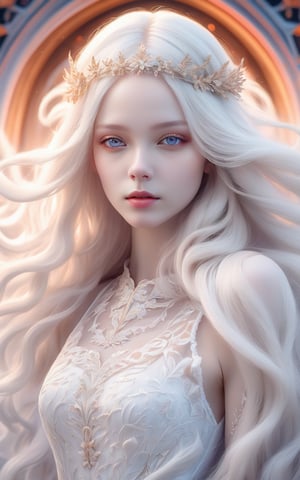 (best quality, 4k, 8k, highres, masterpiece:1.2), A creepy yet intriguing digital illustration portrait of a albino pale young girl, pure white hair,
psychedelic long hair, She wears a sexy seductive white lace outfit with white fur accents, embodying the essence of allure and sensuality, ,valent_1314