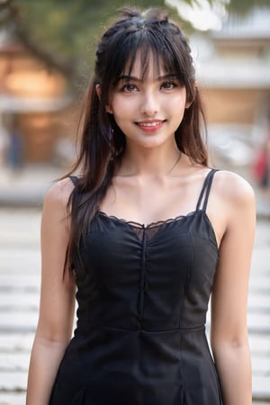 1girl, adult, long hair, looking at viewer, indian, black hair, straight looking, detailed eyes , white skin tone, black dress, upper body, solo focus, grin, blurry, blurry background, hand in own hair, realistic, looking at viewer, realistic photograph,  ,photorealistic,see-through,more detail XL,FilmGirl,renny the insta girl,Model,8k