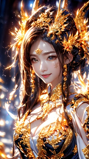 //quality
masterpiece, best quality, aesthetic, 
//Character
1girl, (large breasts:1.1), 
beautiful detailed eyes, big eyes, bun hair
//Fashion
The girl, dressed in a (Cheongsam adorned with a golden dragon on a black background:1.0), exudes elegance and mystery in her beautiful appearance. Her hair is black and glossy, styled elegantly. Her expression is gentle, with a constant smile that seems to bring happiness to those around her. The Cheongsam fits her body perfectly, with intricate dragon patterns delicately drawn throughout.
//Background 
(watercolor:0.6),Inspired by the Gold,glowing forehead