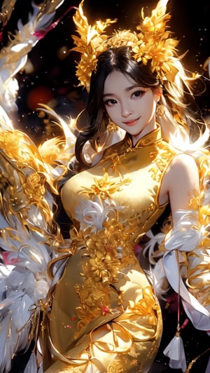 //quality
masterpiece, best quality, aesthetic, 
//Character
1girl, (large breasts:1.1), 
beautiful detailed eyes, big eyes, bun hair
//Fashion
The girl, dressed in a (Cheongsam adorned with a golden dragon on a black background:1.0), exudes elegance and mystery in her beautiful appearance. Her hair is black and glossy, styled elegantly. Her expression is gentle, with a constant smile that seems to bring happiness to those around her. The Cheongsam fits her body perfectly, with intricate dragon patterns delicately drawn throughout.
//Background 
(watercolor:0.6),Inspired by the Gold