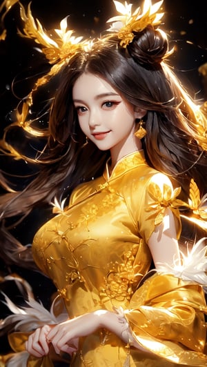 //quality
masterpiece, best quality, aesthetic, 
//Character
1girl, (large breasts:1.1), 
beautiful detailed eyes, big eyes, bun hair
//Fashion
The girl, dressed in a (Cheongsam adorned with a golden dragon on a black background:1.0), exudes elegance and mystery in her beautiful appearance. Her hair is black and glossy, styled elegantly. Her expression is gentle, with a constant smile that seems to bring happiness to those around her. The Cheongsam fits her body perfectly, with intricate dragon patterns delicately drawn throughout.
//Background 
(watercolor:0.6),Inspired by the Gold