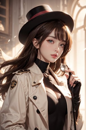 beautiful, 1girl,
(Brown hair:1.2),
long hair, smile, (detective:1.2),Magnifying glass,
Detective's hat,
Light color Trench coat, hk_girl