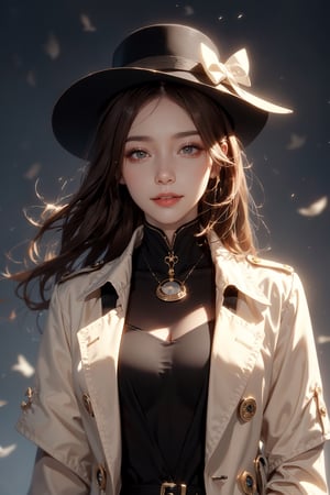 beautiful, 1girl,
(Brown hair:1.2),
long hair, smile, (detective:1.2),Magnifying glass,
Detective's hat,
Light color Trench coat, hk_girl