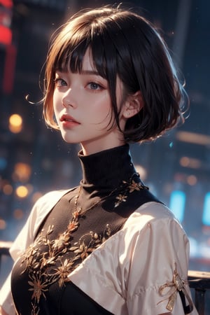 illustraion, aesthetically pleasing, 1girl, solo, slim, black hair, bobcut, bangs, black eyes, closed mouth, black shirt, short sleeves, turtleneck, upper body, standing up, realistic background