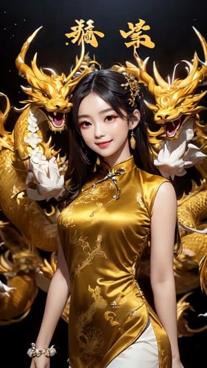 //quality
masterpiece, best quality, aesthetic, 
//Character
1girl, (large breasts:1.1), 
beautiful detailed eyes, big eyes, bun hair
//Fashion
The girl, dressed in a (Cheongsam adorned with a golden dragon on a black background:1.0), exudes elegance and mystery in her beautiful appearance. Her hair is black and glossy, styled elegantly. Her expression is gentle, with a constant smile that seems to bring happiness to those around her. The Cheongsam fits her body perfectly, with intricate dragon patterns delicately drawn throughout.
//Background 
(watercolor:0.6)