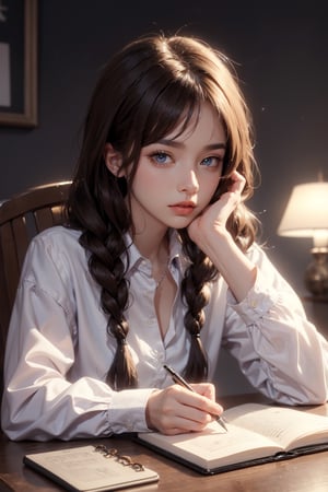 Best quality, masterpiece,  solo, perfect face, perfect eyes, brown hair, long braids, shirt, tie, lamp, table, pen, notebook, writing in notebook, looking at viewer