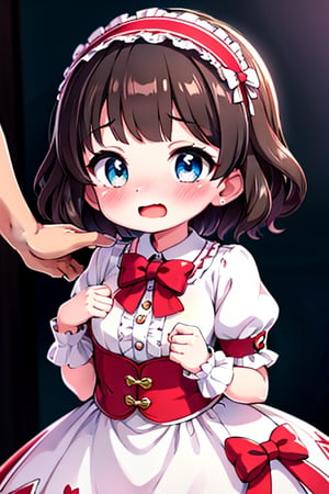 ultra high resolution, perfect anatomy,beautiful hands,1girl,faceless male,1girl,blush,short hair,open mouth,long sleeves,dress,bow,holding,short sleeves,hairband,frills,solo focus,puffy sleeves,tears,bowtie,puffy short sleeves,wavy hair,wavy mouth,lolita fashion,arm grab,lolita hairband,1 boy




