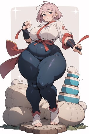 anime illustration of a cute chubby martial artist girl, fighting stance, anime, ((shortstack, curvy figure, overweight, large breasts, thicc)), fighting stance,