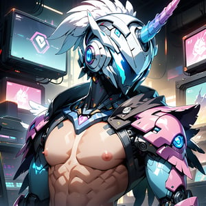 8k, highly detailed, high quality, upper-body_portrait, game cg, anime style,

solo, male. musician, ROBOT, cute robot, feathered hat, unicorn horn, simple helmet, faceless, no face, toned body, naked, almost_naked, nipple, poet's frills, costume, Neon hologram of musical notes,

BREAK

cyberpunk style, Live venue