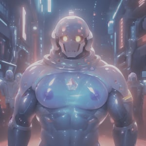 4k, cyberpunk, cyber city, solo, male, no humans, faceless, upper body, nude, sky slime, muscular, nipples, veins, sweating, space void helmet, huge pecs, pectorals, huge nipples, star (symbol), phcrystal, Neon Light, gem, crystal,poyopi,bing_astronaut