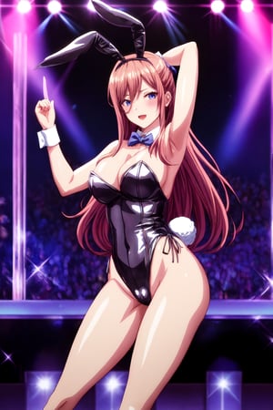 Highly detailed, High quality, Masterpiece, Beautiful, high detailed, high detailed background, (long shot), scenary,  strip club, nwon lights, stage, Anime, one girl, solo , miku nakano, looking_at_the_viewer, dancing, satin leotard, strapless, bunny ears, playboy bunny leotard, bow tie, pole dance, stripper pole, polwbdancer