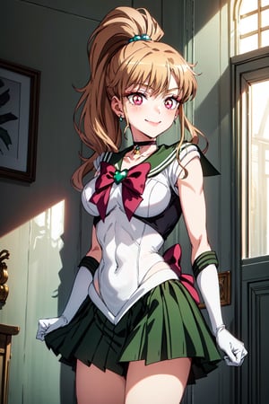 Highly detailed, High quality, Masterpiece, Beautiful, high detailed, Anime, 1girl, solo ,(cowboy  shot) , smile, blonde hair,, red eyes,  blonde hair, EPsmSailorJupiter, long hair, ponytail, hair ornament, hair bobbles, brooch, heart brooch, jewelry, tiara, choker, green choker, star choker, skirt, green skirt, pleated skirt, bow, back bow, pink bow, gloves, white gloves, elbow gloves, earrings, sailor collar, star (symbol), green sailor collar, sailor senshi uniform
