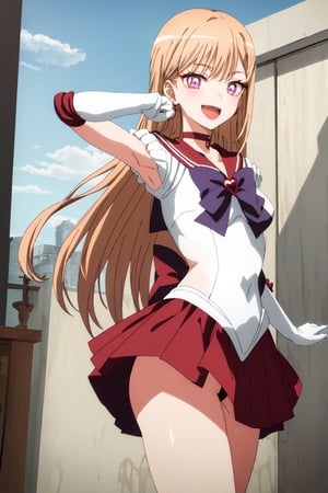 Highly detailed, High quality, Masterpiece, Beautiful, high detailed, Anime, 1girl, solo ,(cowboy  shot) , smile, blonde hair,, red eyes,  blonde hair,red eyes, long hair, very long hair, rooftop,Waifu, smile, red choker, back bow, looking at viewer, bow, pleated skirt, cowboy shot, long hair, gloves, heart,  sailor collar, hair bow, white gloves, purple bow, open mouth, red sailor collar, half updo, solo, shiny, elbow gloves, jewelry, earrings, miniskirt, red skirt, tiara, choker, sailor senshi uniform, magical girl, skirt, white leotard,EPsmSailorMars