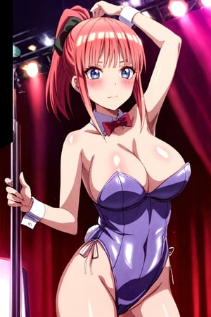 Highly detailed, High quality, Masterpiece, Beautiful, high detailed, high detailed background, (long shot), scenary,  strip club, nwon lights, stage, Anime, one girl, solo , nino nakano, long ponytail, arms_above_head looking_at_the_viewer, dancing, satin leotard, strapless, bunny ears, playboy bunny leotard, bow tie, pole dance, stripper pole, pole dancer