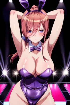 Highly detailed, High quality, Masterpiece, Beautiful, high detailed, high detailed background, (long shot), scenary,  strip club, nwon lights, stage, Anime, one girl, solo , miku nakano, long ponytail, arms_above_head looking_at_the_viewer, dancing, satin leotard, strapless, bunny ears, playboy bunny leotard, bow tie, pole dance, stripper pole, pole dancer