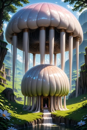 high-quality coherent stable diffusion prompt Masterpiece artwork of an ultra-detailed, ultra-high-resolution,18K,good_composition,good_art, beautiful_background,detailed_background
a gigantic porcelain jellyfish with jewelry floating over a valley
