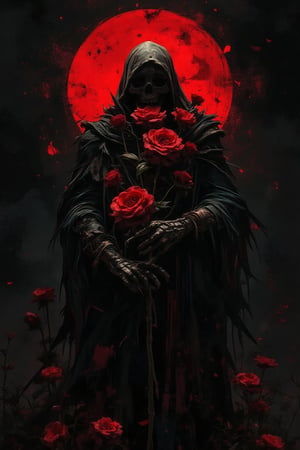 abstract art, a death reaper stand with many of darkness red flower, poster style, cinematic mood, low key style, black background, the art so complex with grunge stroke,cinematicxhan,grungeartxhan83,hanxdeadcyborg83