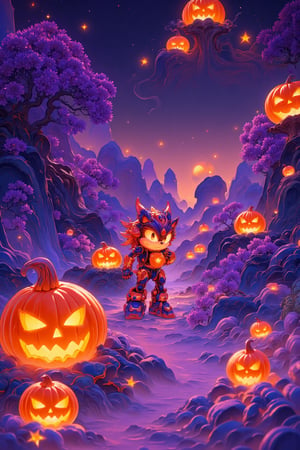 ((masterpiece, best quality)),(complex light),trending, high quality, realistic, intricate detailed, graceful and beautiful textures,16K,Generate hyper realistic image,trending features a fantastical,aurora lights,In sonic the hedgehog. a beautiful detailed cyborg sonic, halloween jack-o-lantern fusion, solo, witch, pumpkin shield, jack-o-lantern design, halloween elements, seamless blend, candy elements, pumpkin elements, purple&orange&black color scheme, halloween decorations, transparent purple overlay, iconic halloween, ARW, best quality, 8k, highres, masterpiece, ultra-detailed, Capture the whimsical essence of a fantasy world at dusk, where the blight air is alive with cozy warmth. In a Ghibli-inspired photography style, frame a serene road winding through a lush landscape of intricately detailed, glowing bioluminescent plants. As the sun sets, aurora lights dance across the horizon, casting a kaleidoscope of colors on the ground. Glass stars scatter across the scene, adding a touch of magic to the atmosphere. The camera's gaze is angled dynamically, showcasing the textured beauty of the environment. In the foreground, a subtle depth of field highlights the delicate details of the glowing plants, as if they're radiating an otherworldly energy.realistic, photorealistic, HDR, UHD, vivid colors, professional, concept art, sonic the hedgehog , anime-style elements blend seamlessly with 3D-rendered environments, created using Blender and photorealistic rendering at 1.4 resolution. The image is presented in RAW photo quality, with meticulous attention to detail and textures. 