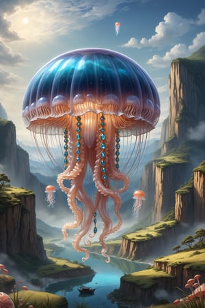 high-quality coherent stable diffusion prompt Masterpiece artwork of an ultra-detailed, ultra-high-resolution,18K,good_composition,good_art, beautiful_background,detailed_background
a gigantic porcelain jellyfish with jewelry floating over a valley
