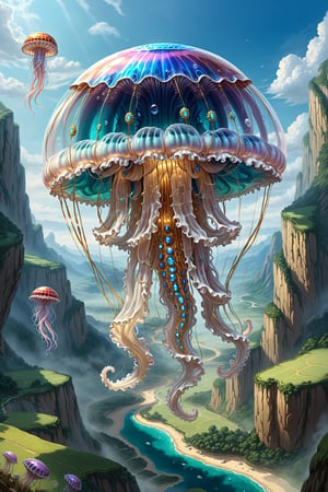 high-quality coherent stable diffusion prompt Masterpiece artwork of an ultra-detailed, ultra-high-resolution,18K,good_composition,good_art, beautiful_background,detailed_background
a gigantic porcelain jellyfish with jewelry floating over a valley,BugCraft