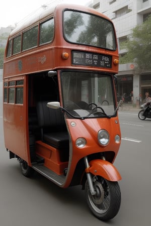 a 70cc motorbike attached to a large bus just like a qing qi rickshaw