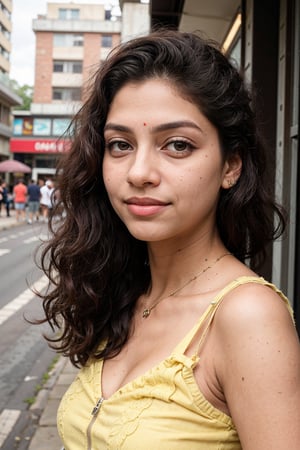 (masterpiece), 17 years,1 girl, in yellow frock ,tall woman with yellow eyes, better hands, better fingers, smilie, outside of a cafe shop, stylish pose, pout lips, taking selfies mobile front camera view 