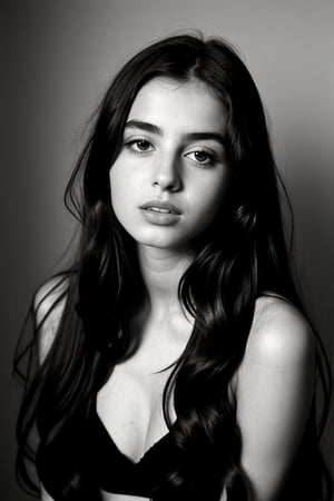 a black and white photo of a woman with long hair, yael shelbia, anya forger, ellie victoria gale, sara ali, maya ali sorcerer, photo of young woman, by Elias Goldberg, portrait of ana de armas, adi meyers, diana levin, elizabeth saltzman, 19-year-old girl, young middle eastern woman