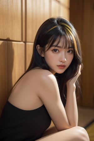 realistic photo,1girl,close_up,(yellow and black multicolored hair)),(blunt bangs,yellow and black long hair),((blunt bangs)),Best Quality, 32k, photorealistic, ultra-detailed, finely detailed, high resolution, perfect dynamic composition, beautiful detailed eyes, sharp-focus  ,tan,(looking at viewer), looking_at_viewer, front_view,off shoulder,sitting,legs crossed,((blue eyes)),((sharp nose)) 24 yo persian girl