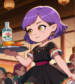 Girl with short purple hair, golden eyes, ountisharp ears
[clothing]/traditional Mexican black dress

[action]/Standing in front holding a tray with a bottle of tequila in her hands (nightscape)

[central Focus]

score_9, score_8_up, score_7_up, anime_source, Metanoia_PS,'s,score_6_up, score_4_upscore_5_up,(hig detail),,score_anime,anime screencap

[DIFUSION STABLE],1girl,beautiful,amity blight,zzChichenItza