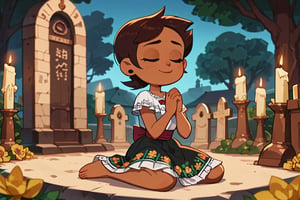 Girl with short brown hair, brown eyes, brown skin(eyes closed and concentrating)
[dress]/Traditional Mexican Black Dress (Shiny Embellishments)

[action]/Kneeling praying on a tombstone in a cemetery with candles, bread and yellow flowers(nightscape)
[full focus]

score_9, score_8_up, score_7_up, anime_source, Metanoia_PS,'s,score_6_up, score_4_upscore_5_up,(hig detail),,score_anime,anime screencap

[DIFUSION STABLE],1girl,beautiful,Luz Noceda