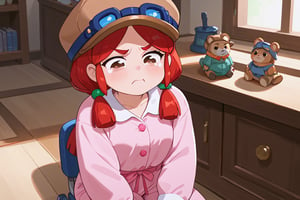 red-haired girl, brown eyes, fair skin, brown hat 

[clothing]/full pink pajamas.
[action]/crying and pouting
[full focus]

score_9, score_8_up, score_7_up, anime_source, Metanoia_PS,'s,score_6_up, score_4_upscore_5_up,(hig detail),,score_anime,anime screencap

[DIFUSION STABLE],1girl,beautiful,bsjessie