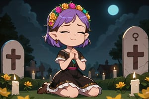 Girl with short purple hair, golden eyes, ountisharp ears(eyes closed and concentrating)
[dress]/Traditional Mexican Black Dress (Shiny Embellishments)

[action]/Kneeling praying on a tombstone in a cemetery with candles, bread and yellow flowers(nightscape)
[full focus]

score_9, score_8_up, score_7_up, anime_source, Metanoia_PS,'s,score_6_up, score_4_upscore_5_up,(hig detail),,score_anime,anime screencap

[DIFUSION STABLE],1girl,beautiful, amity blight 