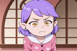 Girl with short purple hair, golden eyes, ountisharp ears

[clothing]/full pink pajamas.
[action]/crying and pouting
[full focus]

score_9, score_8_up, score_7_up, anime_source, Metanoia_PS,'s,score_6_up, score_4_upscore_5_up,(hig detail),,score_anime,anime screencap

[DIFUSION STABLE],1girl,beautiful,Fair skin,aquacrying,amity blight