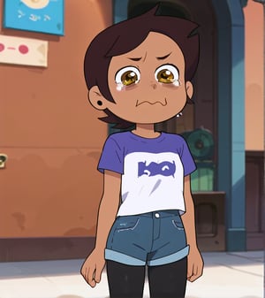 Girl with short brown hair, brown eyes, brown skin
[clothing]/purple and white t-shirt, blue denim mini shorts, black tights, white sneakers

[action]/crying and pouting

[central focus]

score_9, score_8_up, score_7_up, anime_source, Metanoia_PS,'s,score_6_up, score_4_upscore_5_up,(hig detail),,score_anime,anime screencap

[DIFUSION STABLE],1girl,beautiful eyes,Luz Noceda,aquacrying, wavy mouth, closed mouth,tearing up