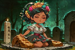 Girl with short black hair, gray eyes, brown skin,(eyes closed and concentrating)
[dress]/Traditional Mexican Black Dress (Shiny Embellishments)

[action]/Kneeling Praying on a Mexican tombstone in a cemetery with candles, bread and yellow flowers(nightscape)
[full focus]

score_9, score_8_up, score_7_up, anime_source, Metanoia_PS,'s,score_6_up, score_4_upscore_5_up,(hig detail),,score_anime,anime screencap

[DIFUSION STABLE],1girl,beautiful,Marcy Wu