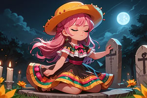 Pink-haired girl, pink eyes, smooth and fair skin, yellow hat,(eyes closed and concentrating)
[dress]/Traditional Mexican Black Dress (Shiny Embellishments)

[action]/Kneeling praying on a tombstone in a cemetery with candles, bread and yellow flowers(nightscape)
[full focus]

score_9, score_8_up, score_7_up, anime_source, Metanoia_PS,'s,score_6_up, score_4_upscore_5_up,(hig detail),,score_anime,anime screencap

[DIFUSION STABLE],1girl,beautiful,skg_umbrella